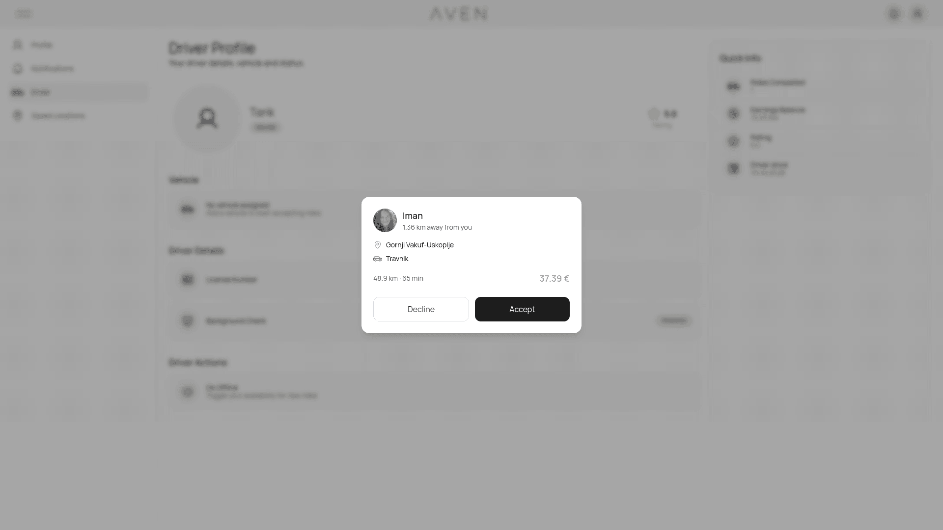 Aven driver screen