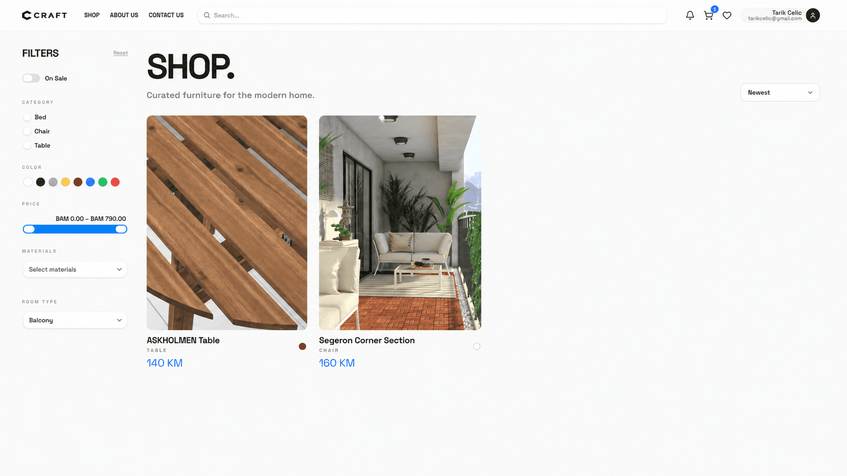 Craft shop screen